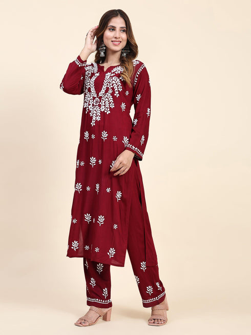 Fizaa Chikankari Long Modal Kurta Set - Maroon